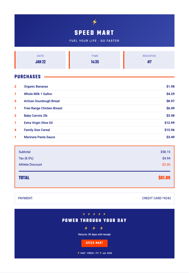 Sporty energetic receipt